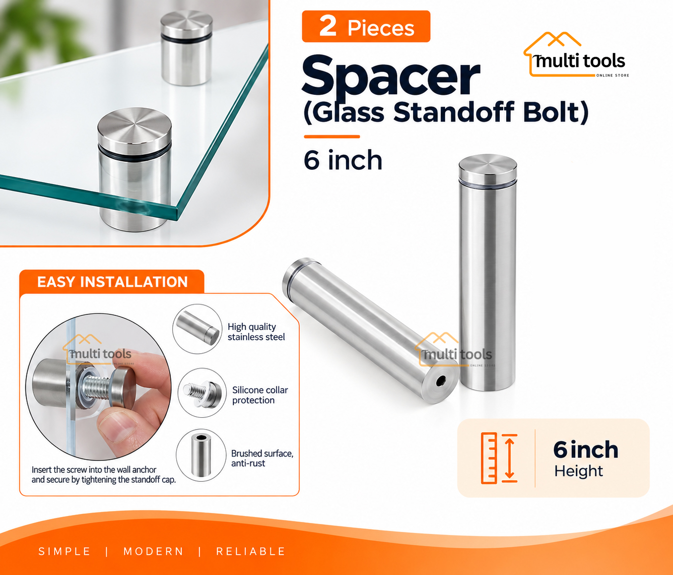 2 Pecs Spacer 6-Inch (Glass Standoff Bolt) 