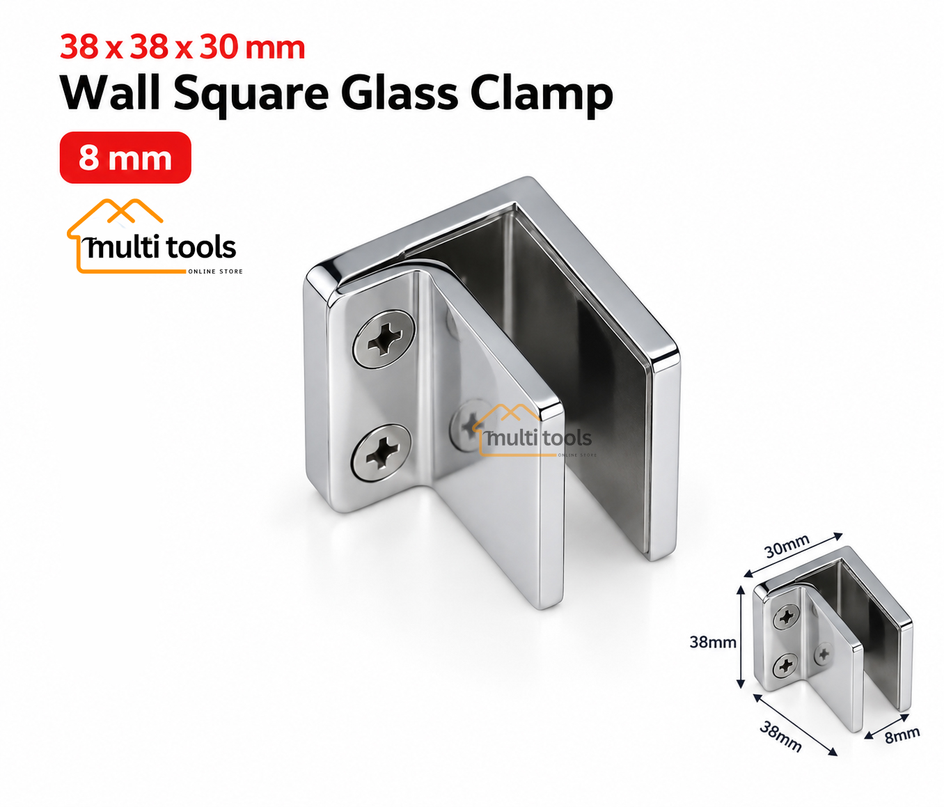 8mm Wall Square Glass Clamp (38X38X30mm)