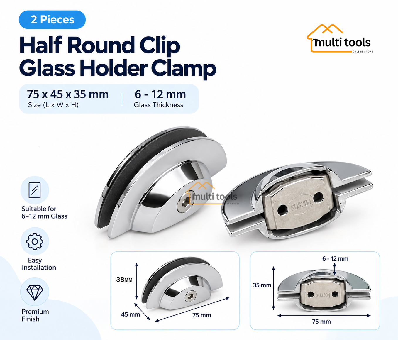 6-12 Half Round Clip Glass Holder Clamp (75X45X35mm)