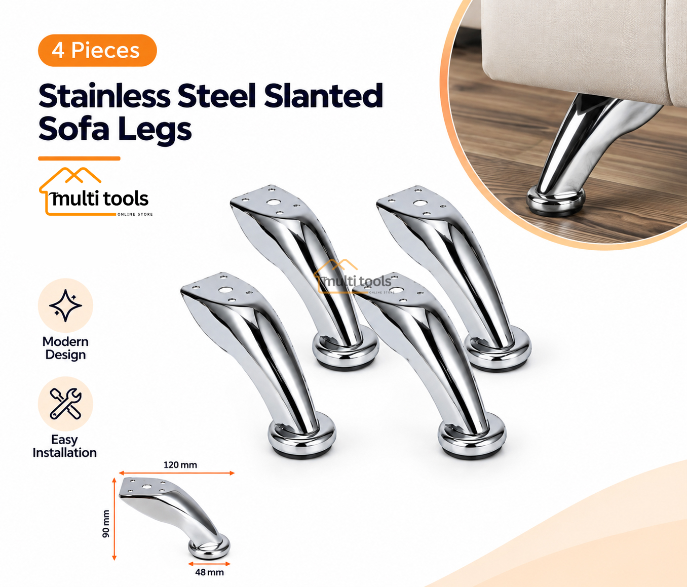 4 pec Stainless Steel Slanted Sofa Legs