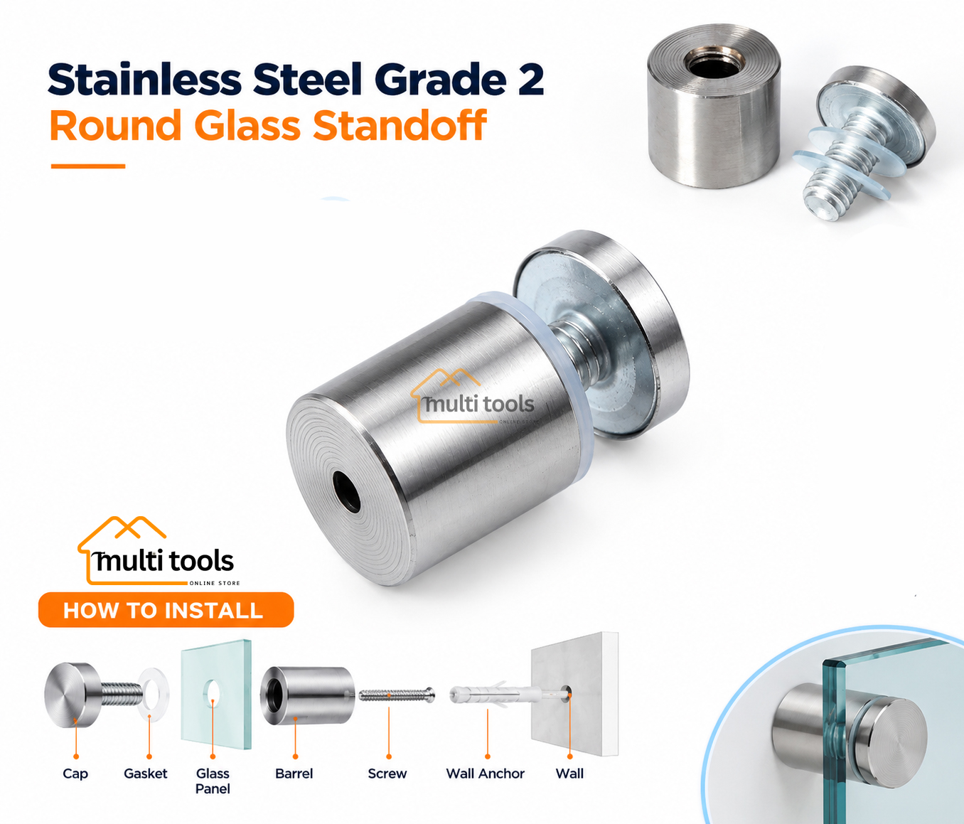Stainless Steel Grade 2 inch Round Glass Standoff 