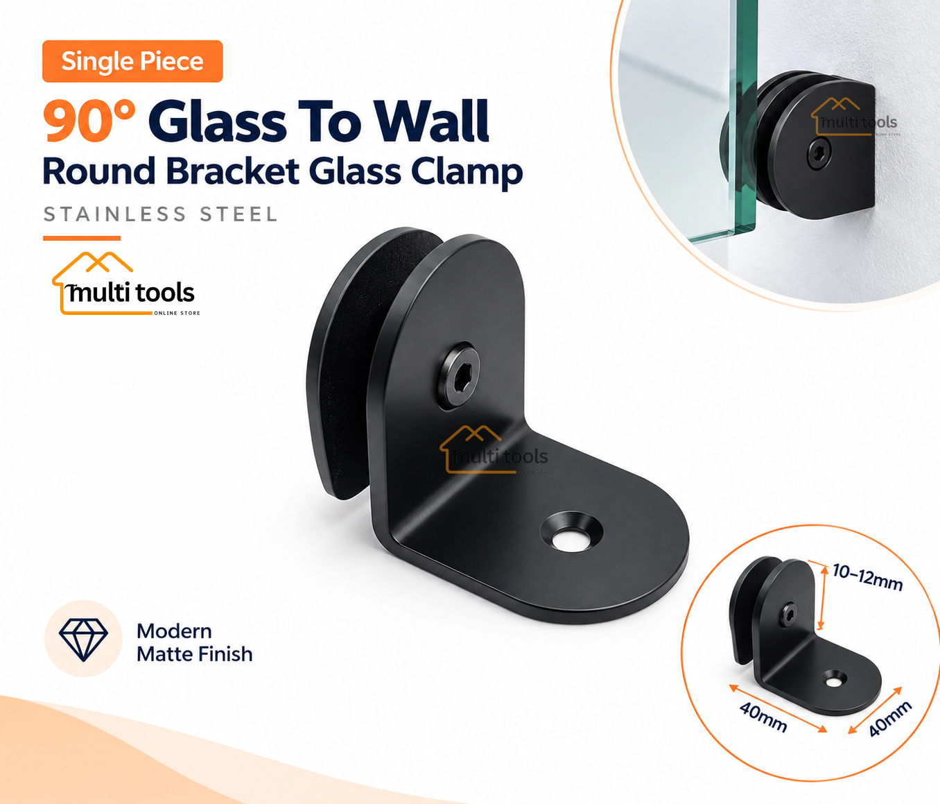 90° Glass To Wall Round Bracket Glass Clamp Stainless Steel Black 10-12mm