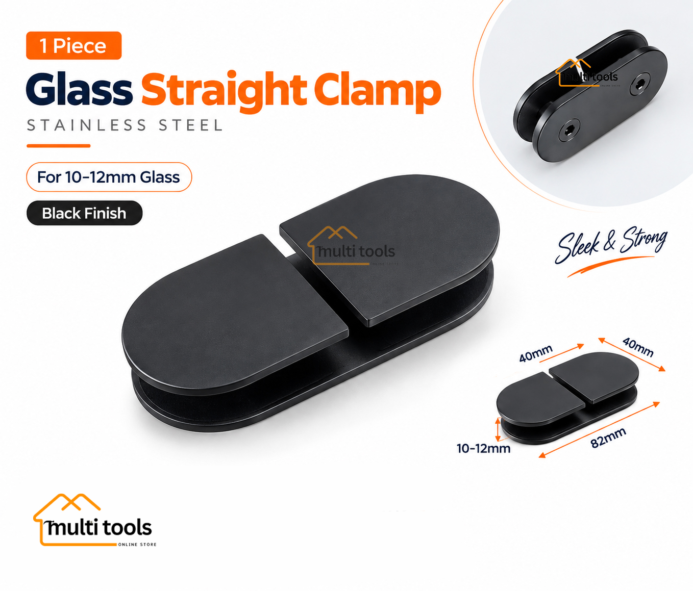 Glass Straight Clamp Stainless Steel Black 10-12mm