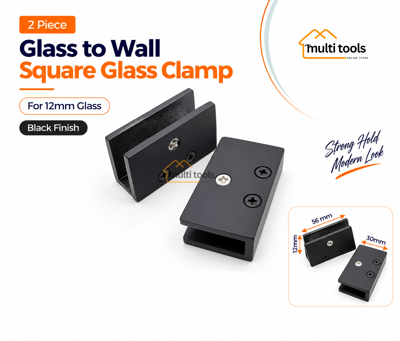 2 Pec Glass To Wall Square Glass Clamp Black 12mm