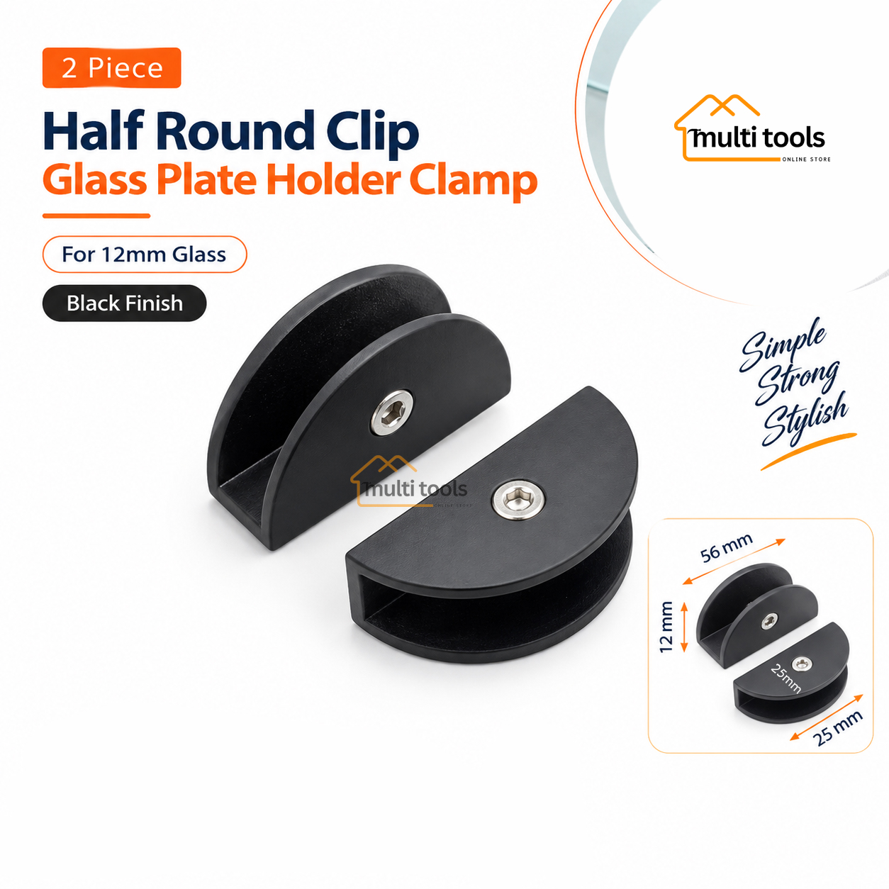 2 Pecs Half Round Clip Glass Plate Holder Clamp Black 12mm