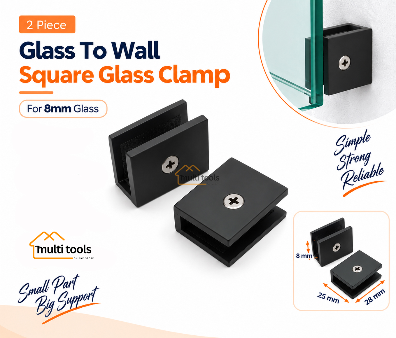 2 Pecs Glass To Wall Square Glass Clamp 8mm