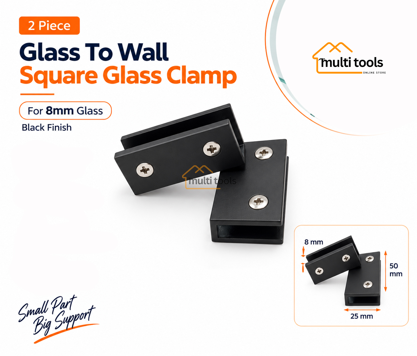 2 Pec  8mm Glass To Wall Square Glass Clamp Black 