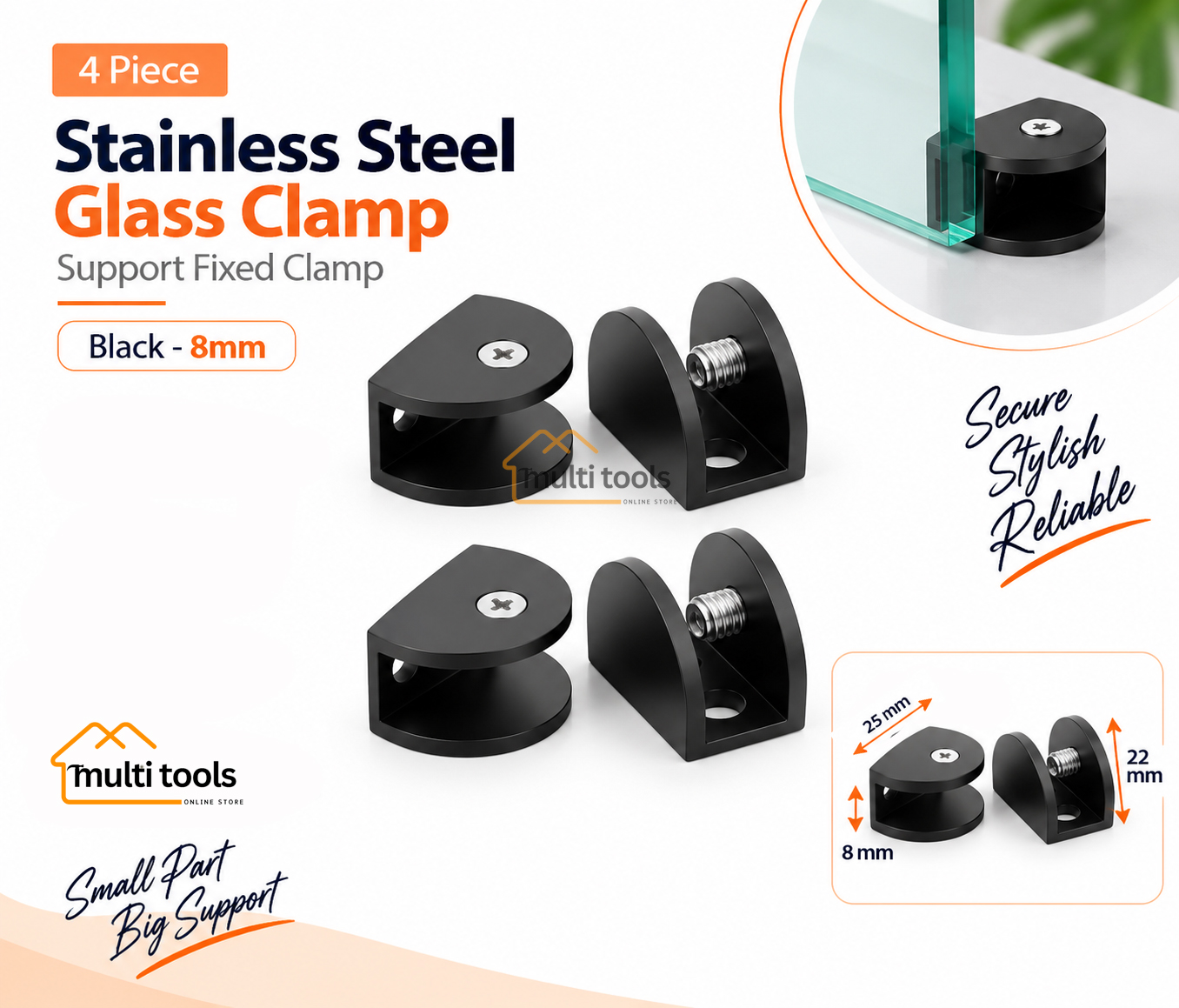 4-Pcs Stainless Steel Glass Clamp Support Fixed Clamp