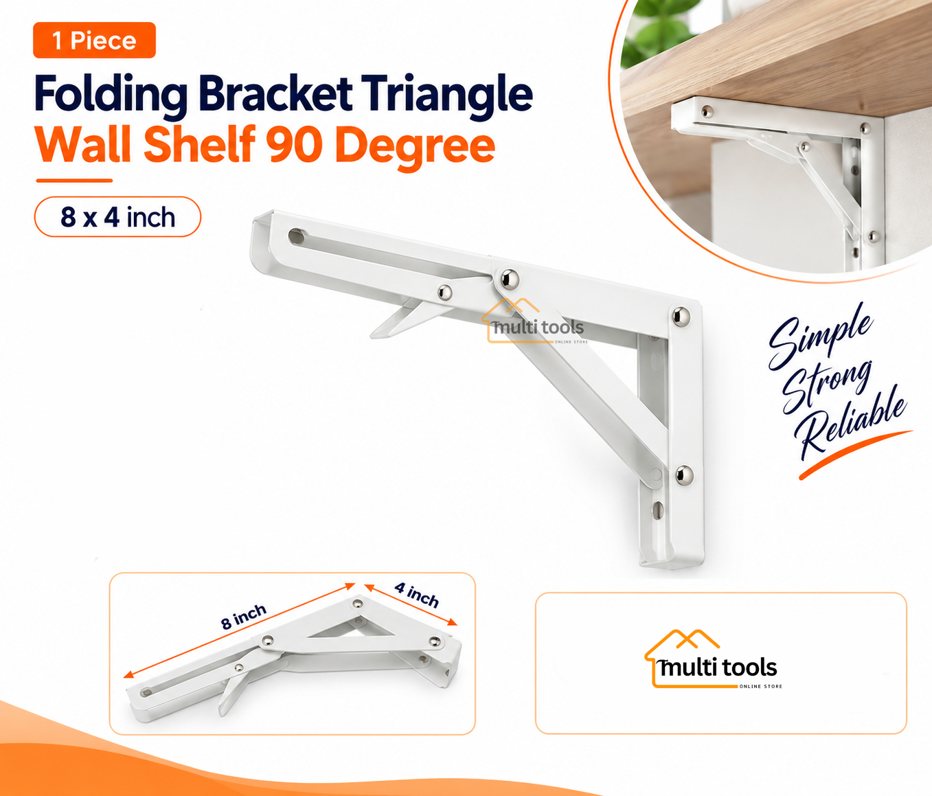 8 Inch Folding Bracket Triangle Wall Shelf 90 Degree