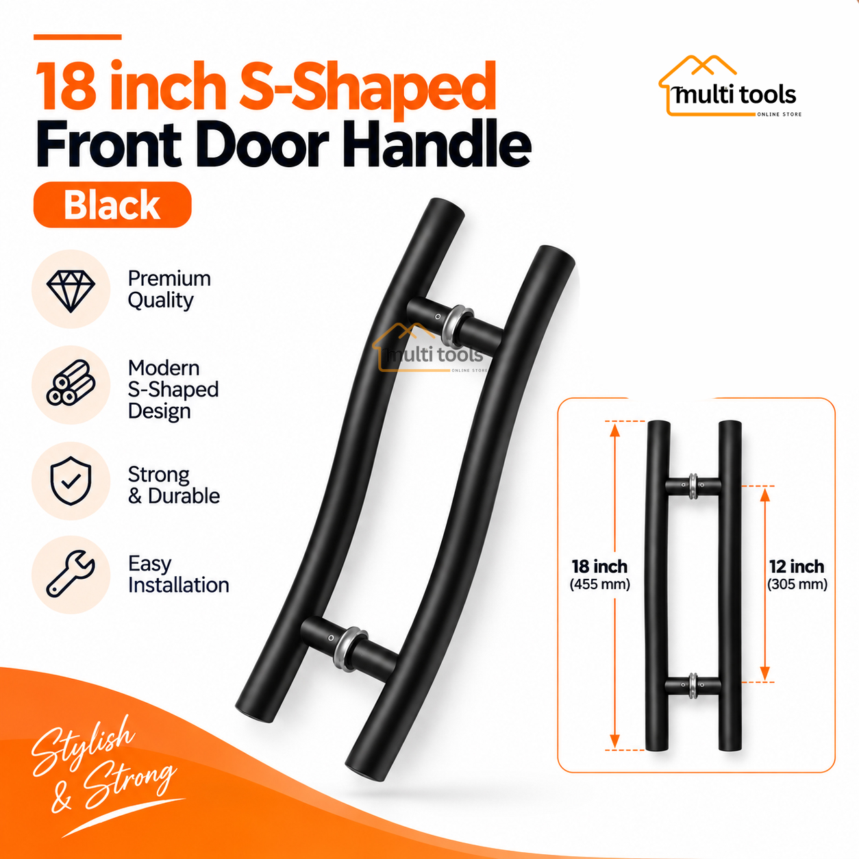 18 Inch S-Shaped Front Door Handle Black