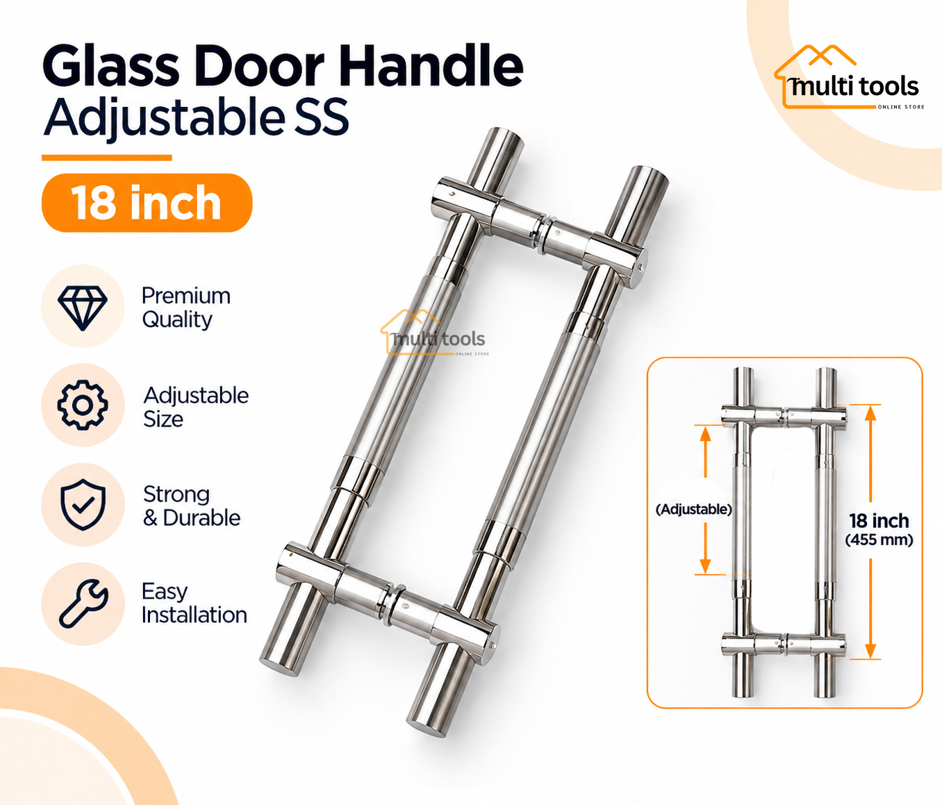 18 Inch Glass Door Handle Adjustable SS
