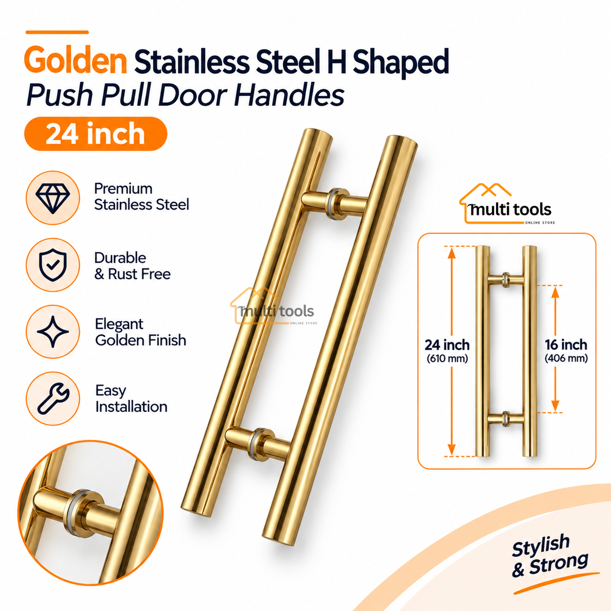 24 Inch Golden Stainless Steel H Shaped Push Pull Door Handles