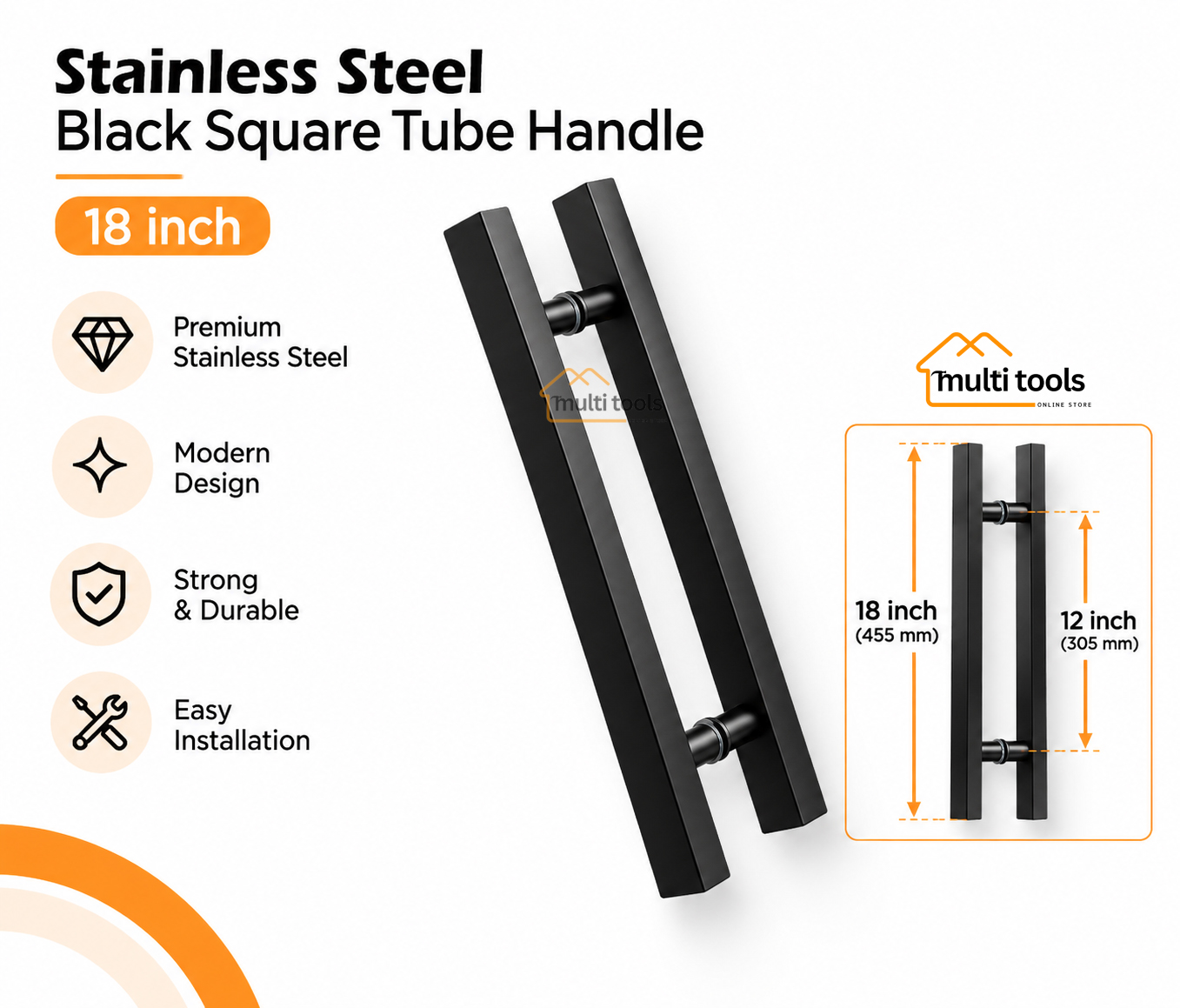 18 Inch Stainless Steel Black Square Tube Handle