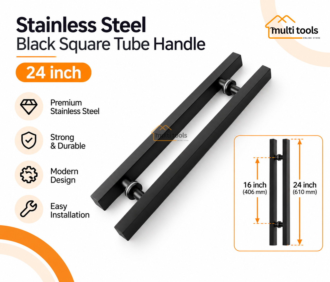 24 Inch Stainless Steel Black Square Tube Handle