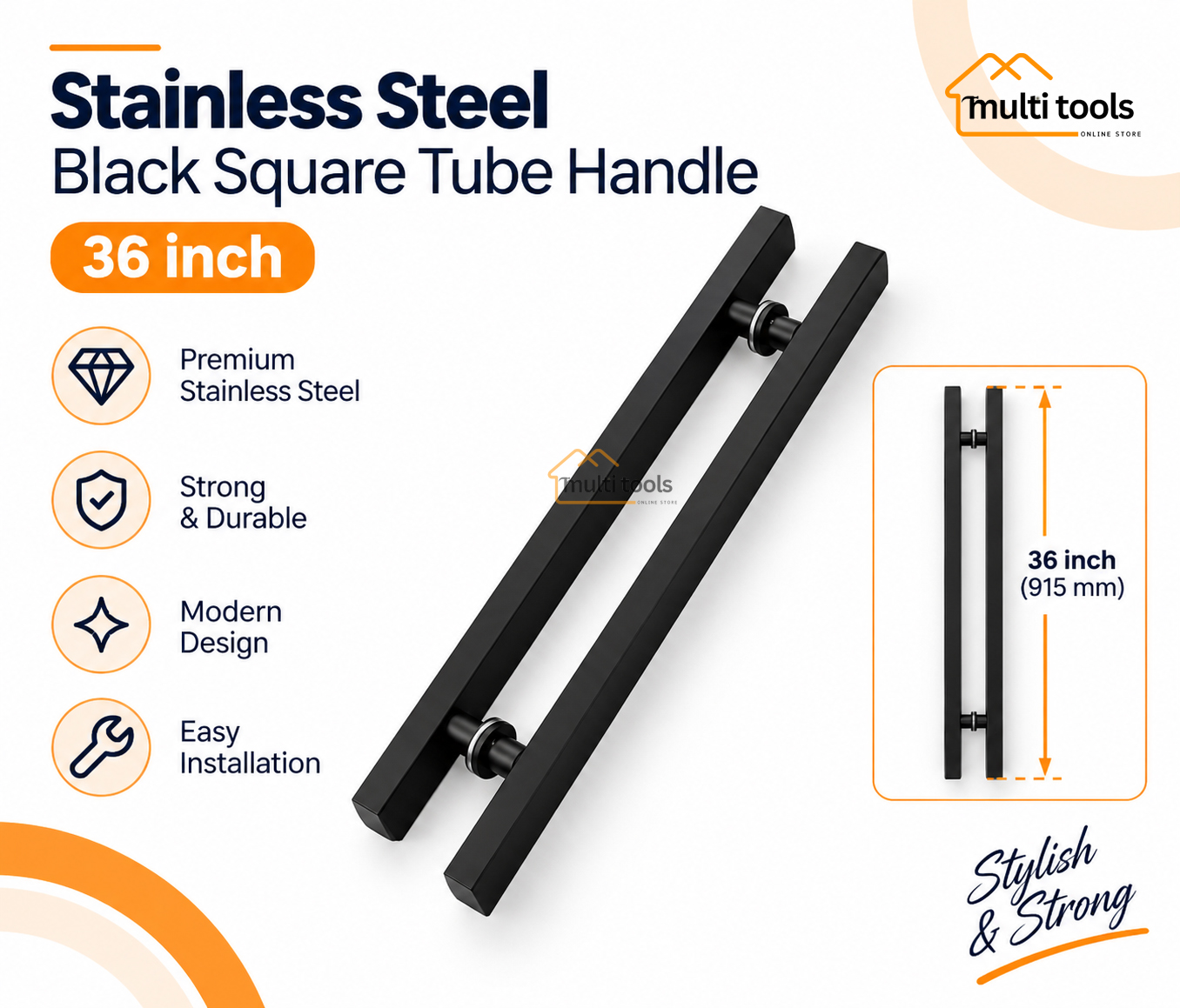 36 Inch Stainless Steel Black Square Tube Handle