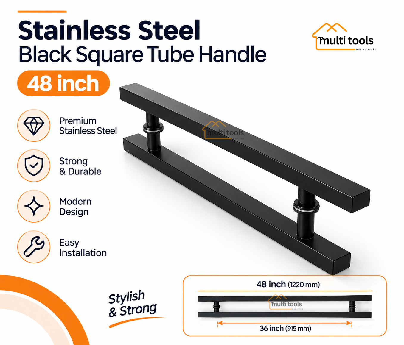 48 Inch Stainless Steel Black Square Tube Handle