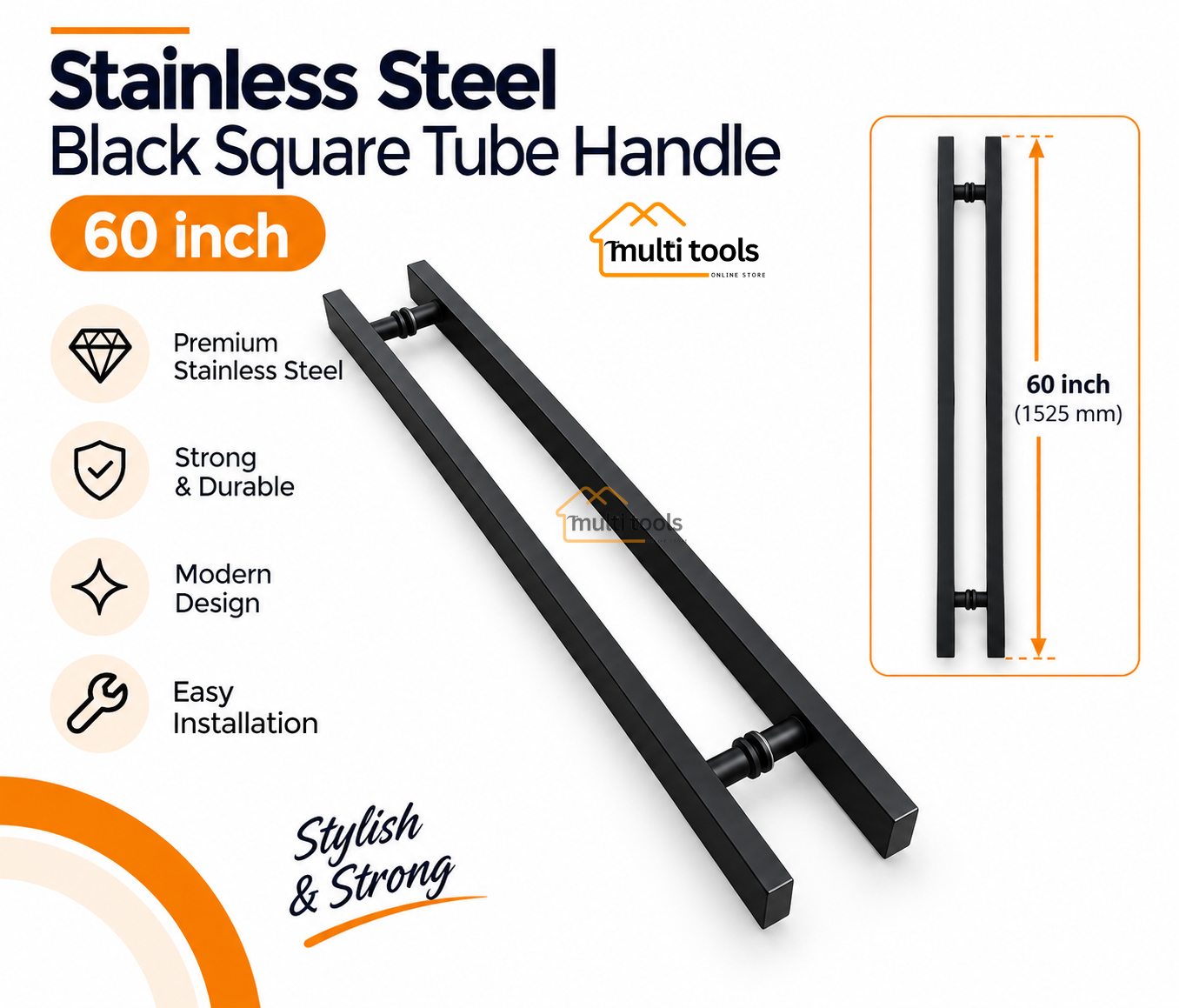 60 Inch Stainless Steel Black Square Tube Handle
