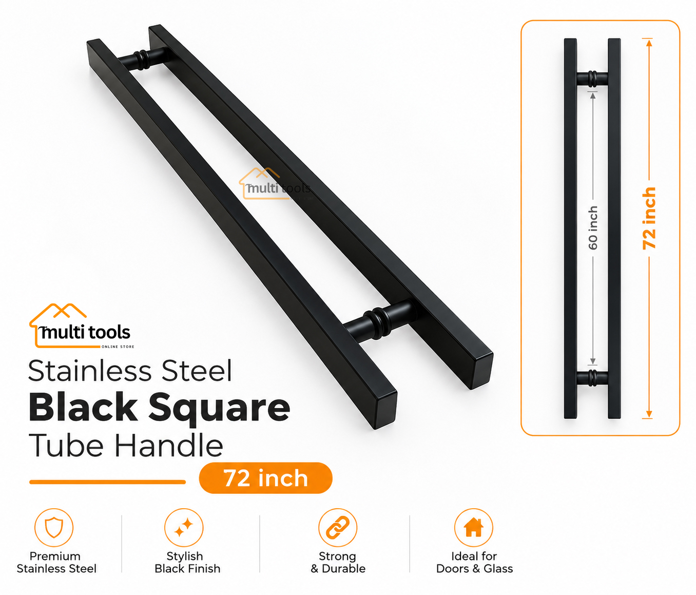 72 Inch Stainless Steel Black Square Tube Handle