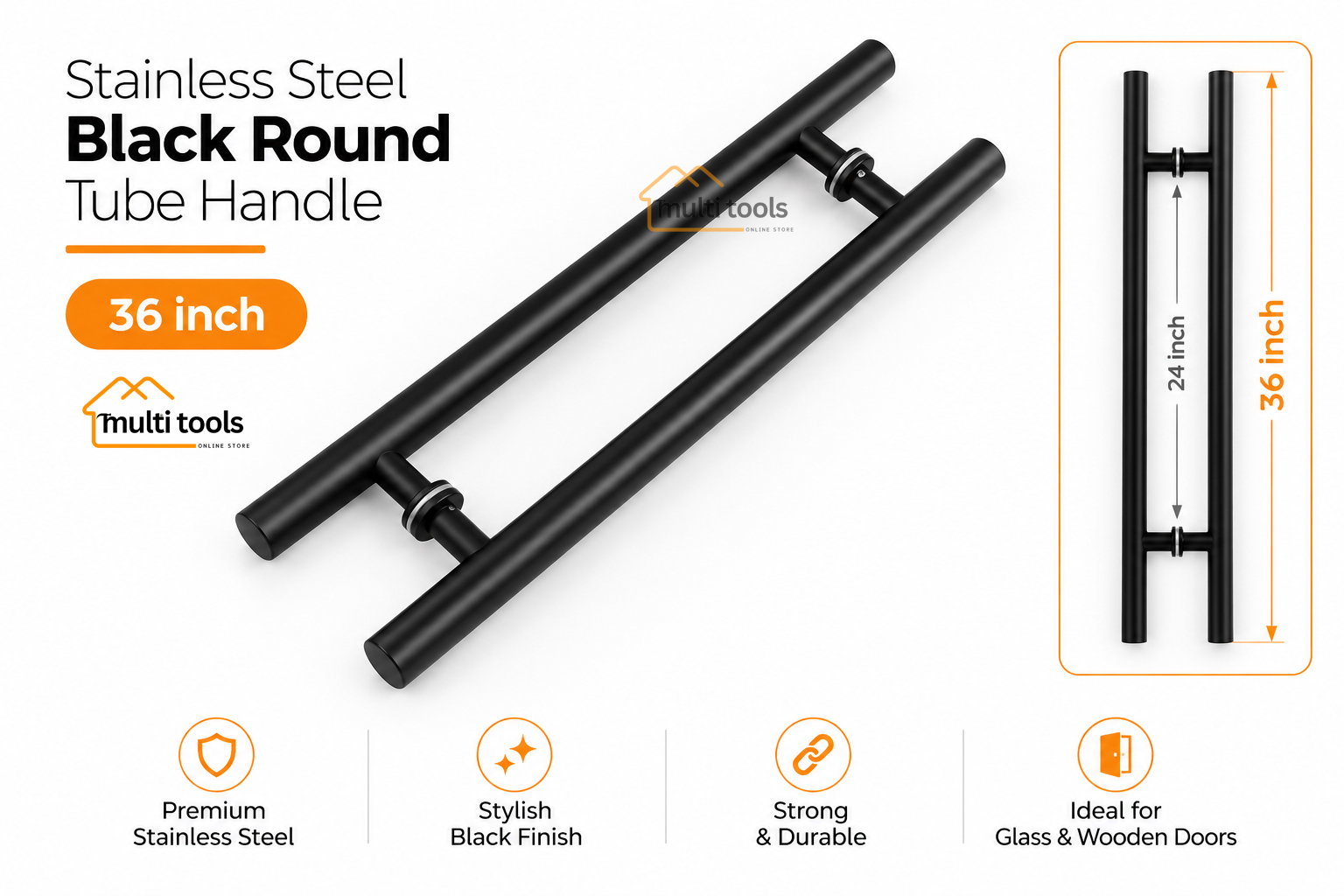 36 Inch Stainless Steel Black Round Tube Handle