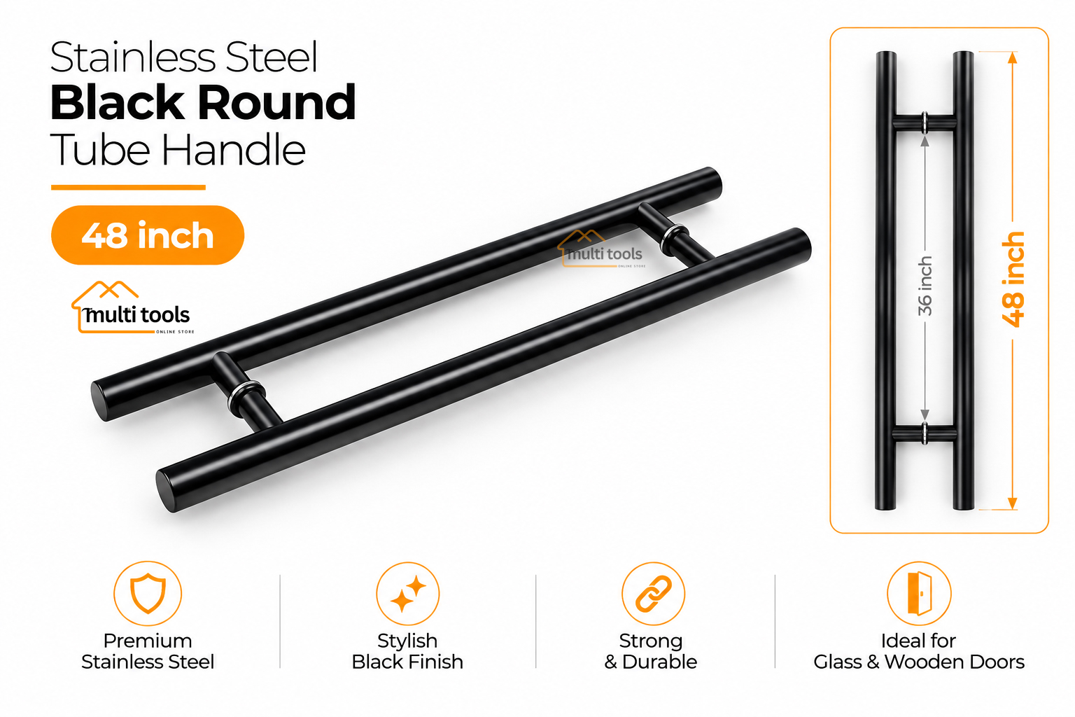 48 Inch Stainless Steel Black Round Tube Handle
