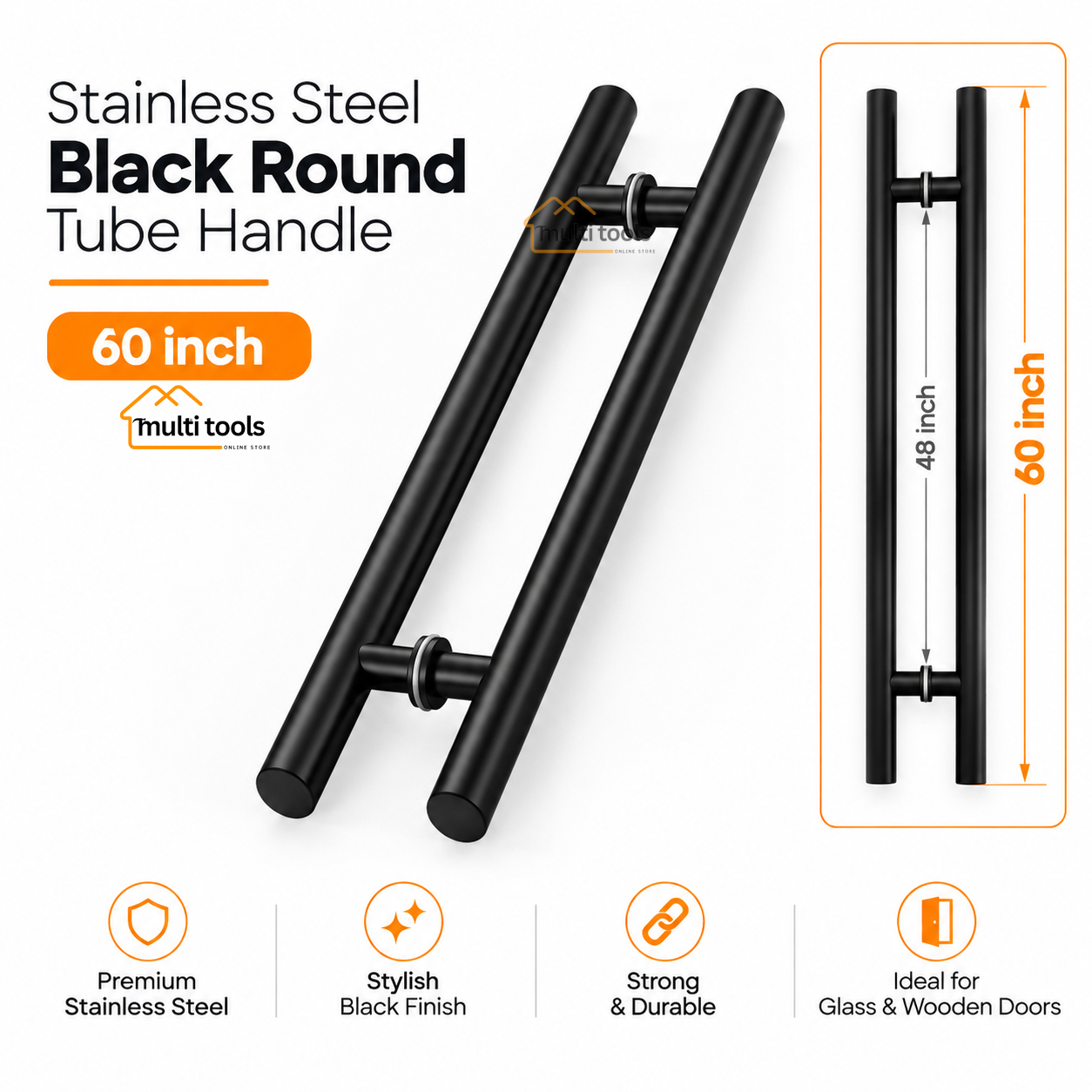 60 Inch Stainless Steel Black Round Tube Handle
