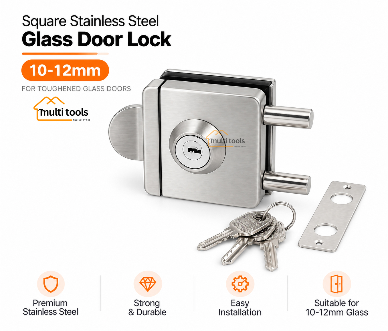 Square Stainless Steel 10-12Mm Glass Door Lock