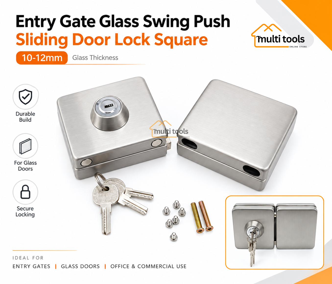 Entry Gate 10-12mm Glass Swing Push Sliding Door Lock Square