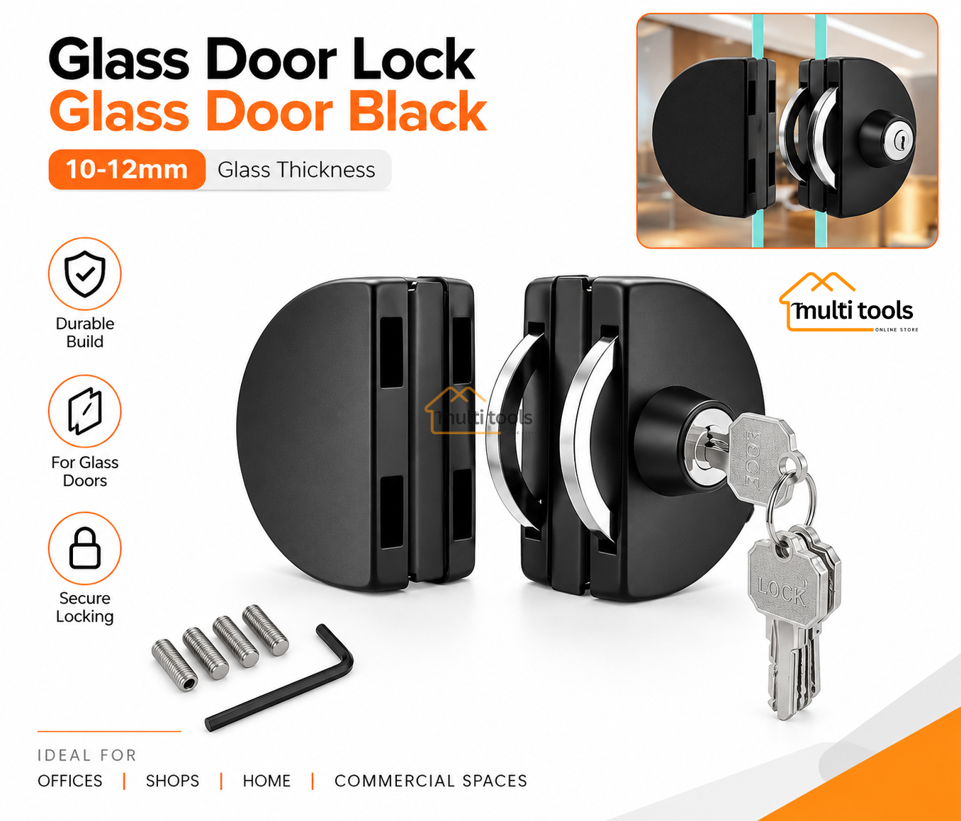 Glass Door Lock  10mm -12mm Glass Door Black
