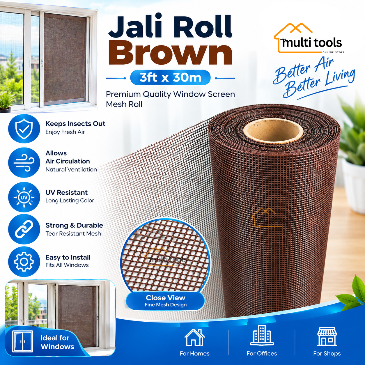 Fiber Net Brown Roll For Aluminium Window 3Ft X 30m