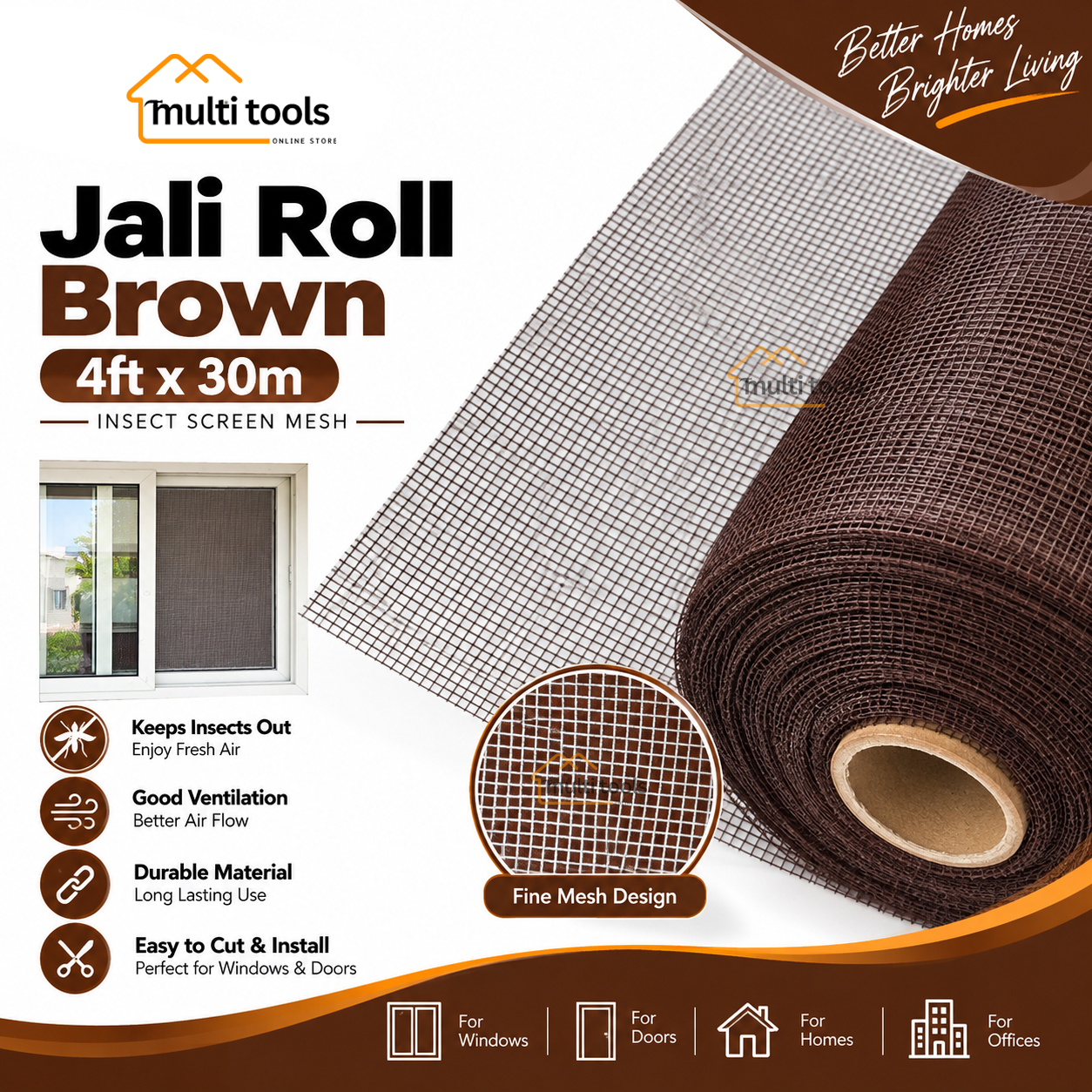 Fiber Net Brown Roll For Aluminium Window 4ft X 30m
