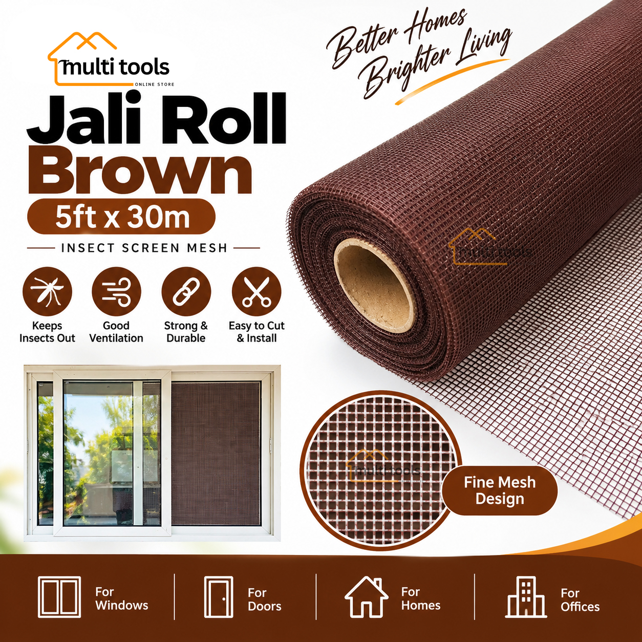 Fiber Net Brown Roll For Aluminium Window 5ft X 30m