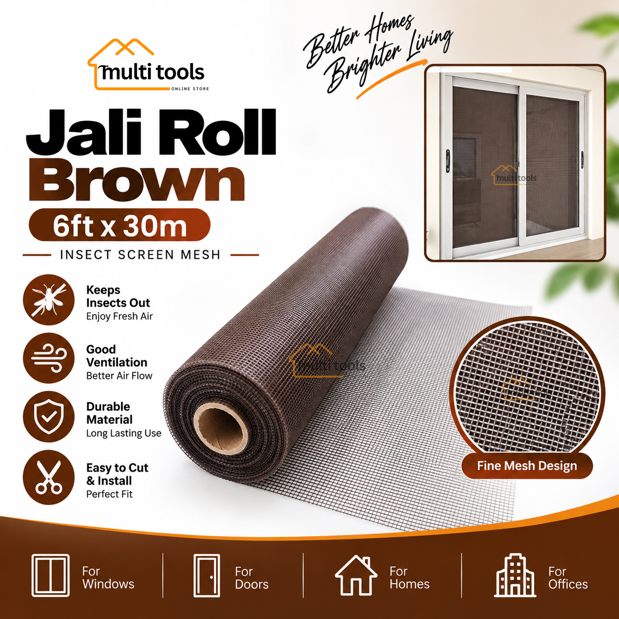 Fiber Net Brown Roll For Aluminium Window 6ft X 30m