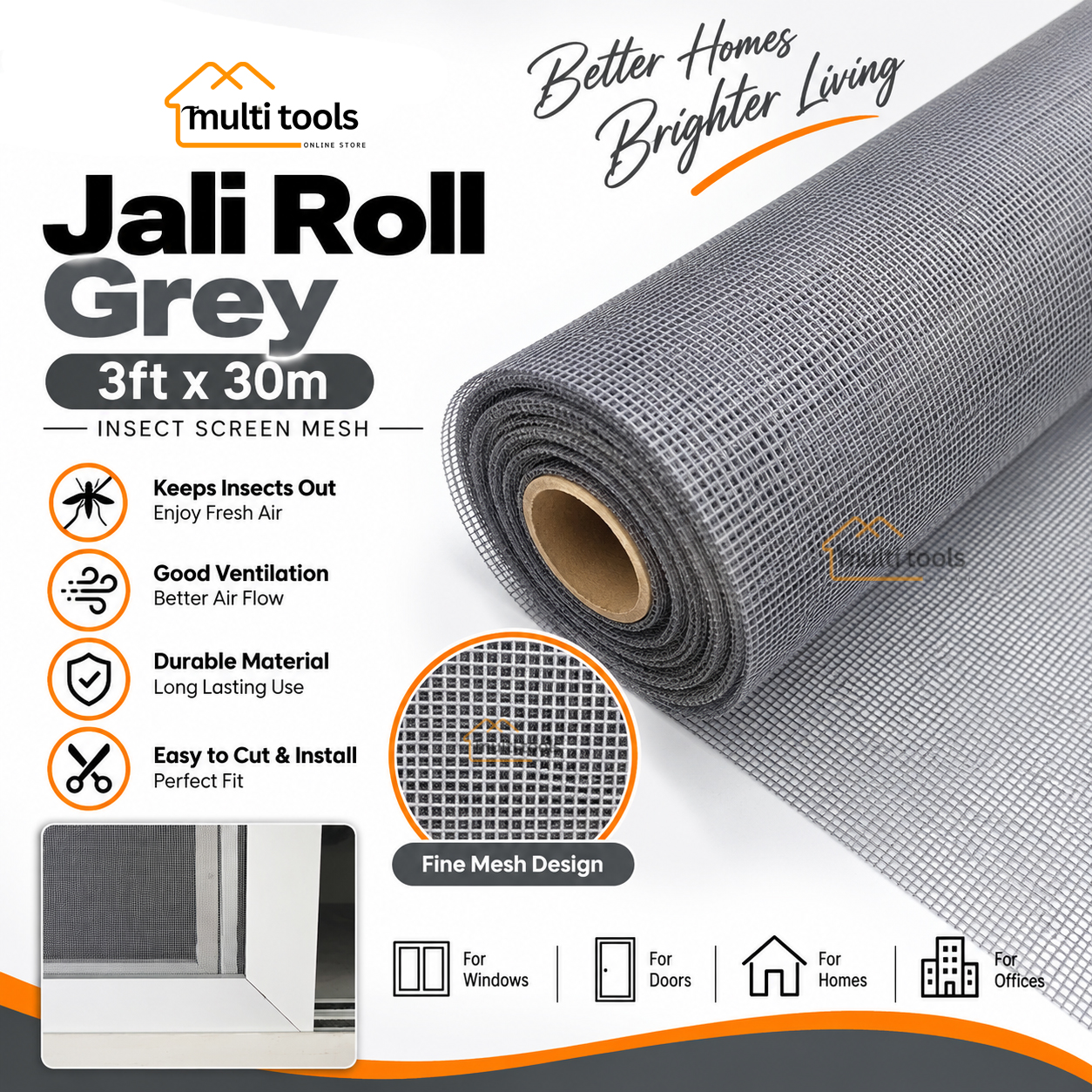 Fiber Net Grey Roll For Aluminium Window 3ft X 30m