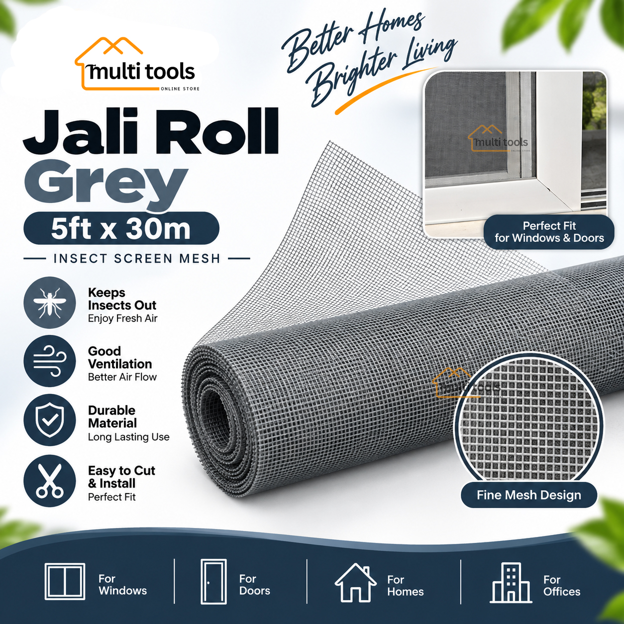Fiber Net Grey Roll For Aluminium Window 5ft X 30m