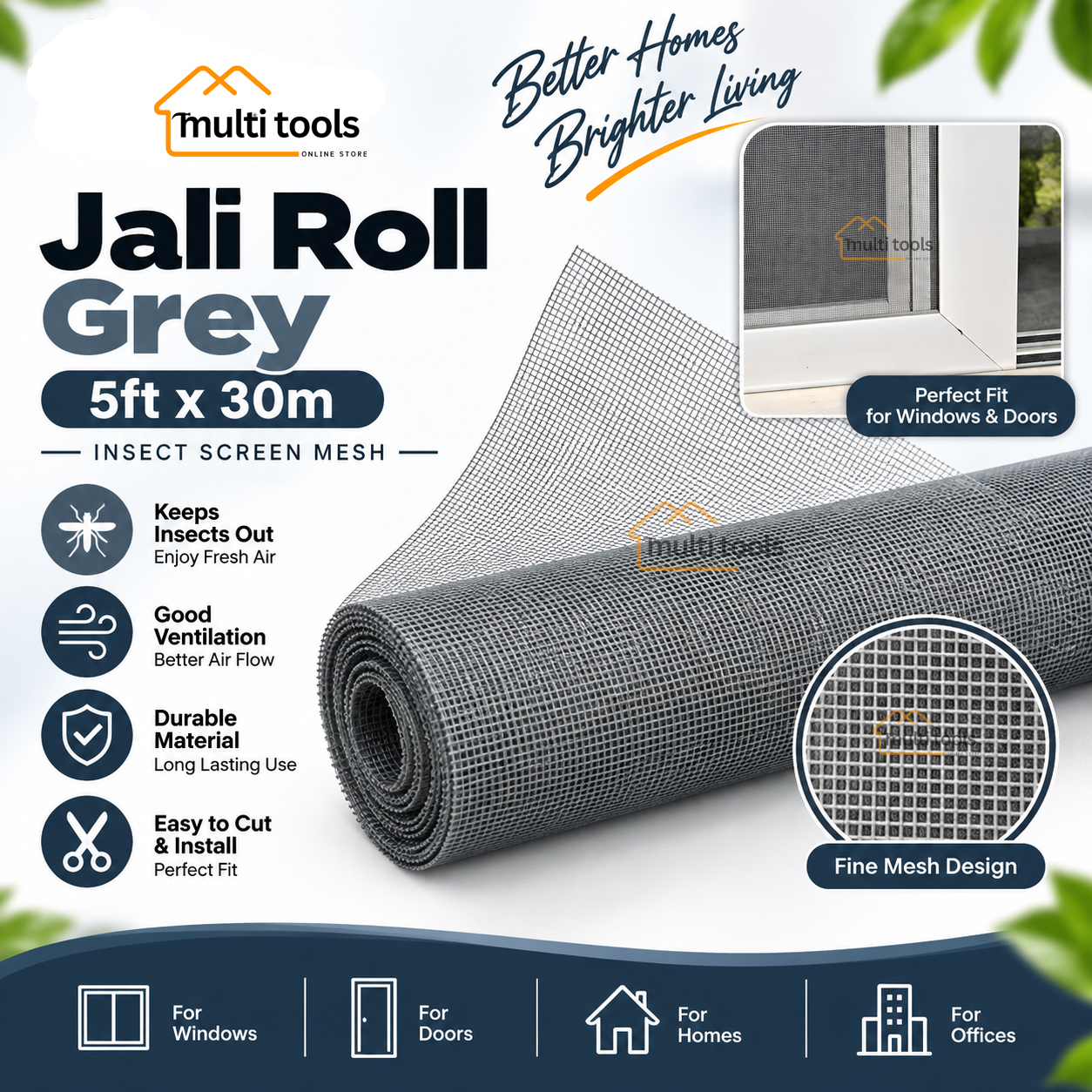 Fiber Net Grey Roll For Aluminium Window 6ft X 30m