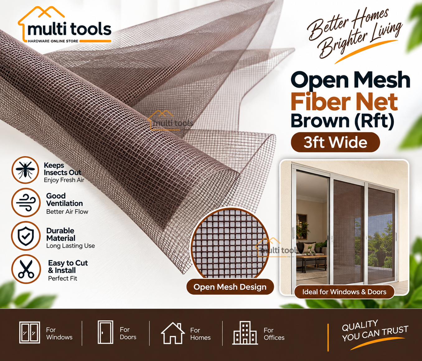 Fiber Net Brown For Aluminium Window 3ft