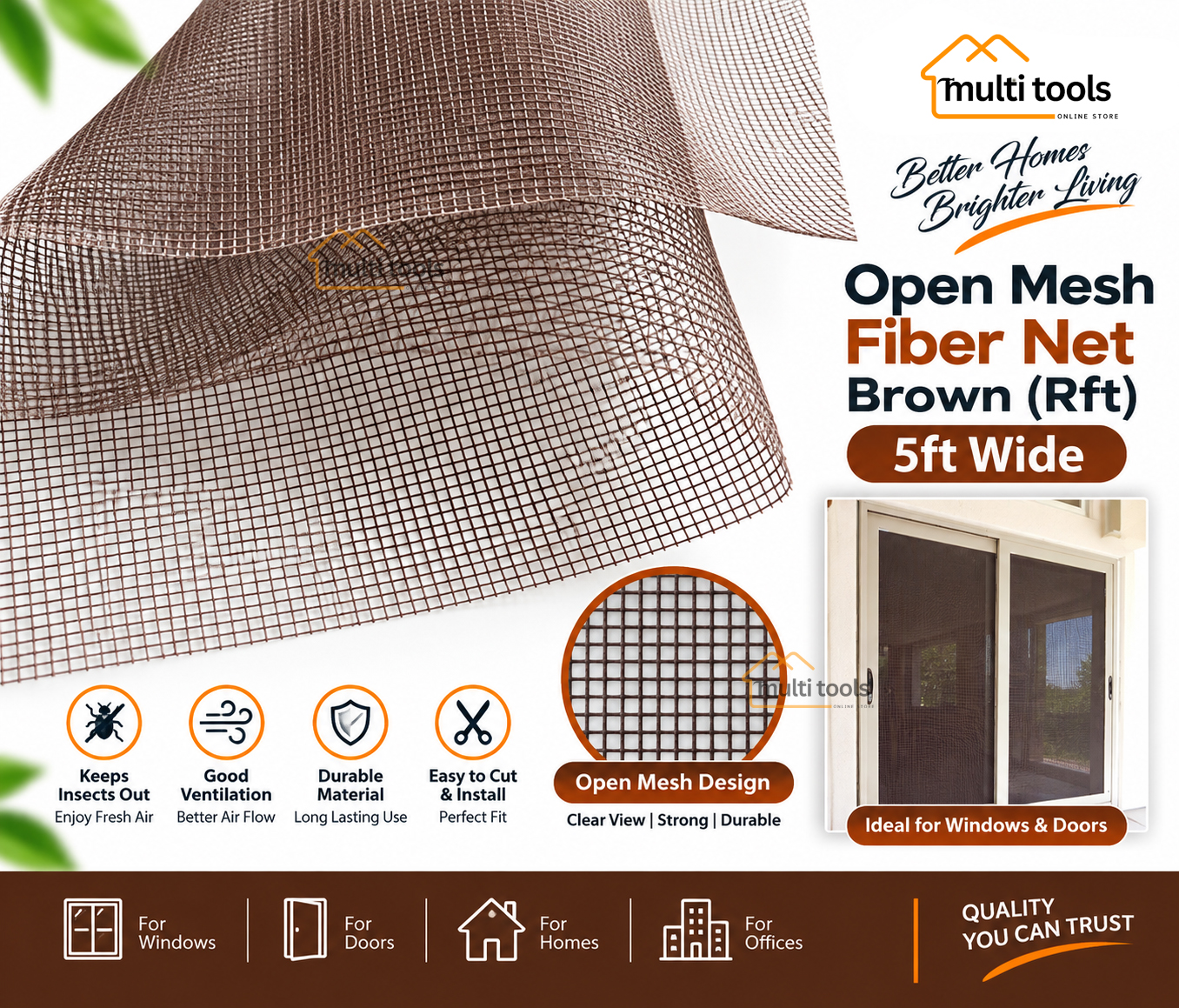Fiber Net Brown For Aluminium Window 5ft