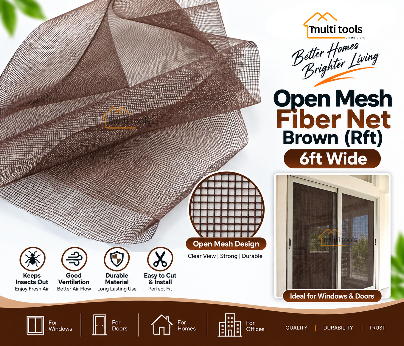 Fiber Net Brown For Aluminium Window 6ft