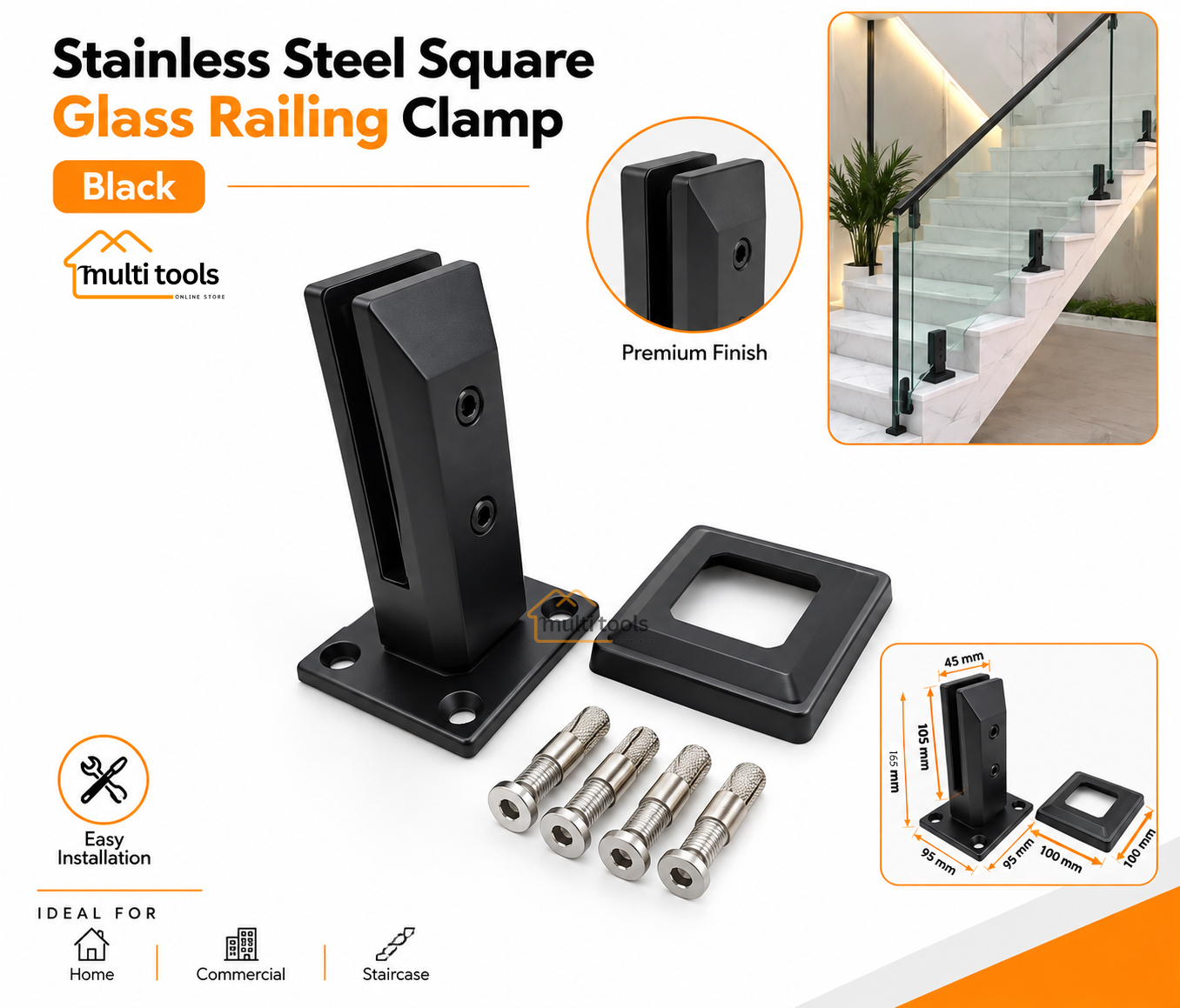 Stainless Steel Square Glass Railing Clamp (Black)
