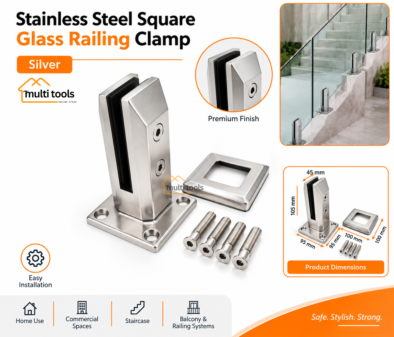 Stainless Steel Square Glass Railing Clamp (Silver)