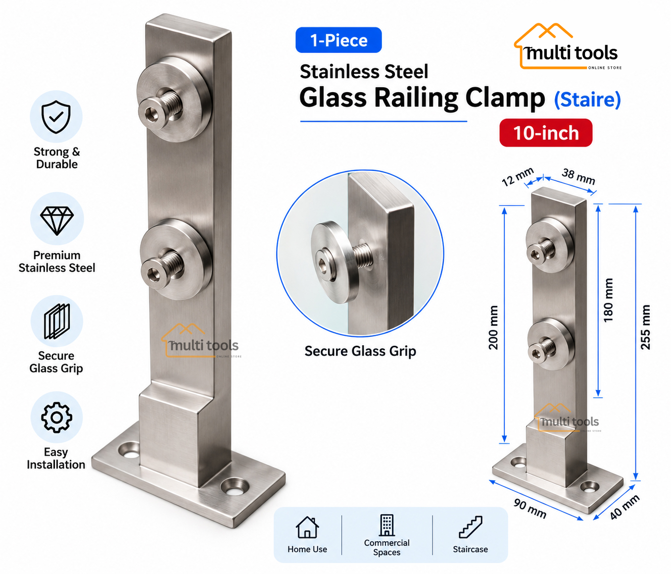 Stainless Steel Square Glass Railing Clamp Chrome (Staire) 10 Inch