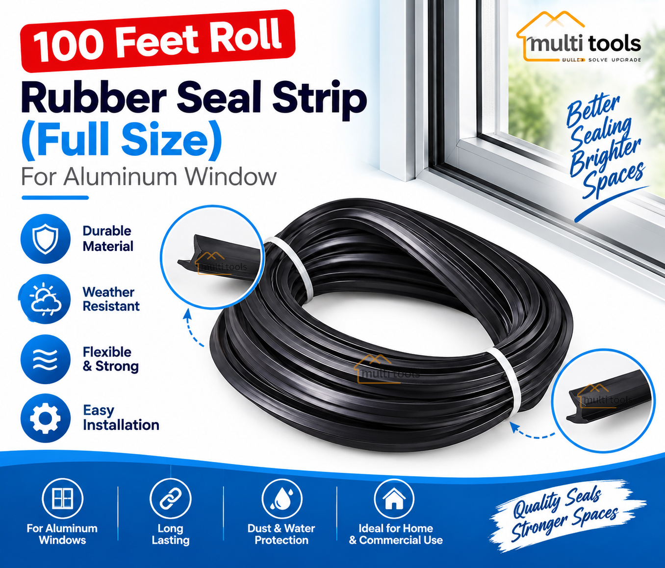 Full Size Fix Rubber Seal Strip For Aluminum Window Glass (Pvc) 100 Ft Roll