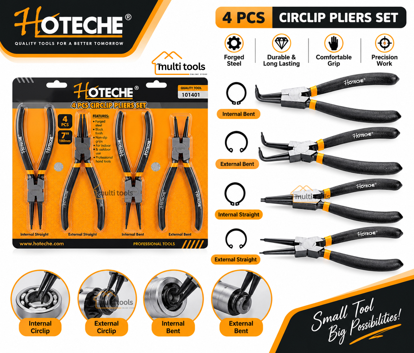 Circlip Pliers Set 4Pcs 7"-180mm