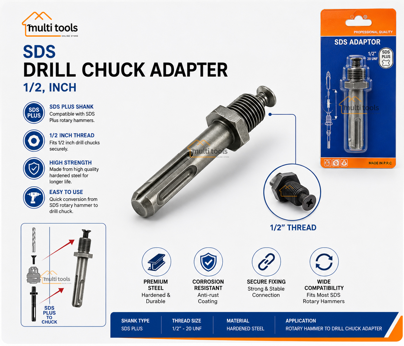  Drill Chuck Adapter 1/2 Inch Sds